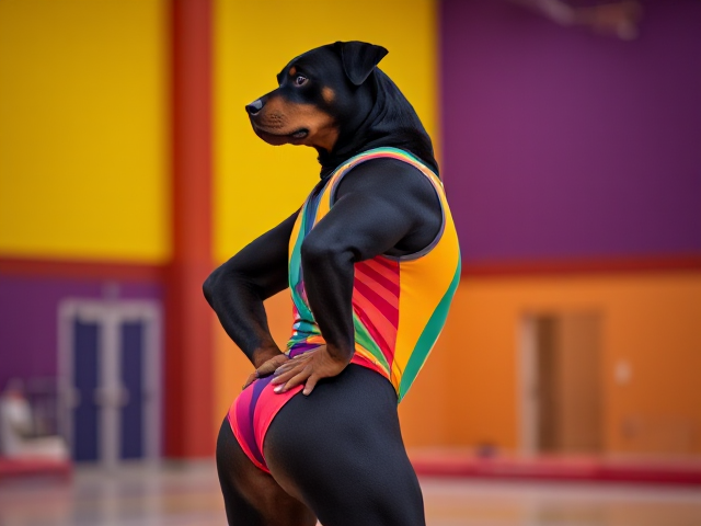Anthropomorphic Rottweiler wearing a colorful gymnastics leotard, emphasizing its strong hips, in a vibrant gymnasium setting