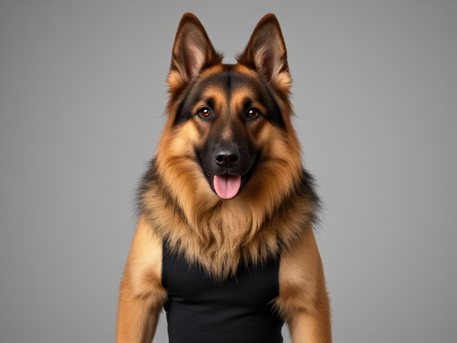 A anthropomorphic long haired German shepherd wearing a leotard