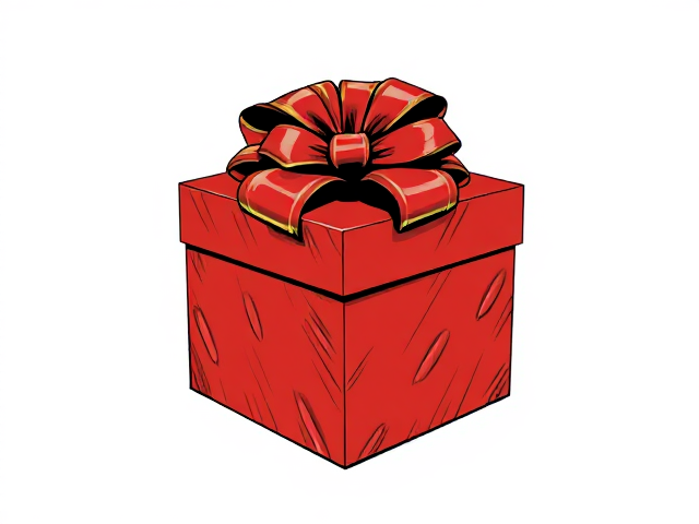 Opened Christmas gift in red wrapping against a blank background.