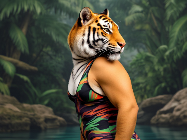 Tiger wearing a stylish swimsuit, jungle background, vibrant colors, realistic details