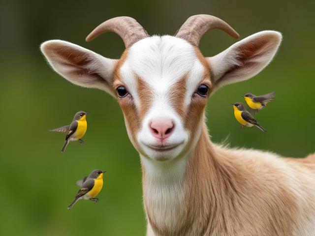 Logo of a baby goat with small honeyeater birds fluttering around