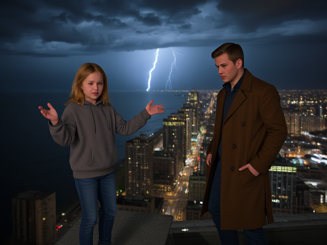 A petite 13-year-old girl with strawberry blonde hair, wearing a hooded pullover and jeans, is standing on the roof ledge of a night club. Next to her on the roof, standing nearby is a modern-day, pale skinned vampire in his late twenties, with blonde hair, dressed in a brown trench coat and jeans. He appears uneasy as he looks at her. The girl gestures angrily at him, flailing her arms outwards and scowling at him. A thunderstorm approaches the cityscape from the sea shore. Set at night.