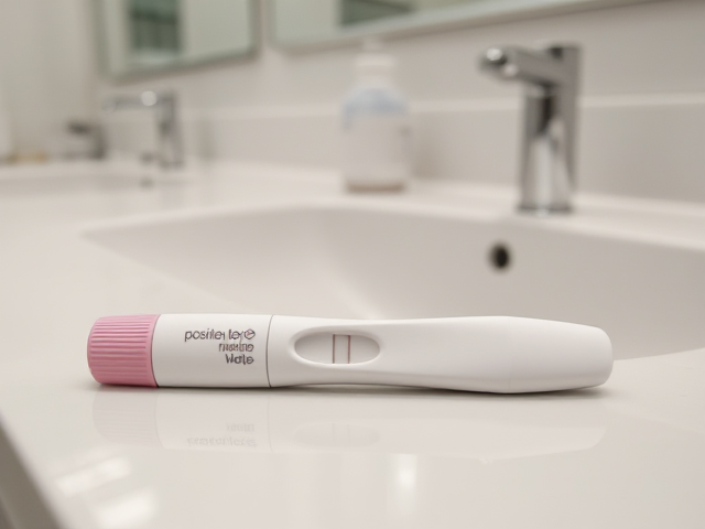 English Positive pregnancy test laying flat on a white bathroom counter, with a silver sink, and a mirror