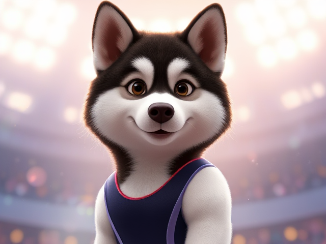 A Alaskan malamute Olympic gymnast with broad shoulders wearing a leotard