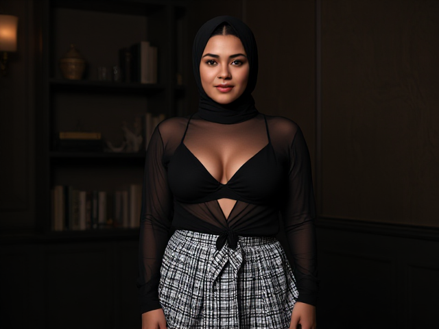 a photorealistic image of a curvy model standing in a sophisticated, dimly lit room with elegant, textured walls and a shelf filled with decorative books and ornaments. The model is placed, framing her face as she looks directly at the viewer with a warm, engaging expression. She’s wearing a hijab, black sheer long-sleeve top, knotted at the waist, revealing a black bralette underneath, which adds a stylish, edgy touch. She pairs the top with a high-waisted, pleated black-and-white houndstooth mini skirt, giving a chic, balanced look. The lighting highlights her natural beauty and accentuates the textures in her outfit, creating an intimate and inviting atmosphere.