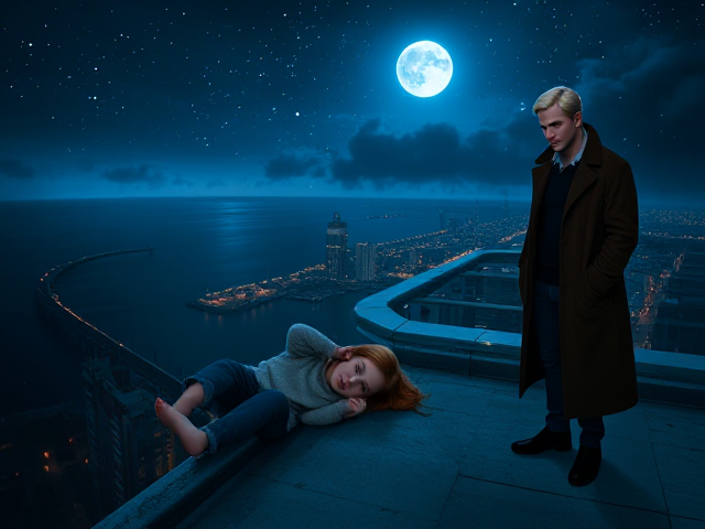 A petite 12-year-old girl with strawberry blonde hair, wearing a cozy pullover and jeans, is lying on the roof ledge of a night club. She is on her back, gazing up at the night sky filled with stars. Next to her on the roof, standing nearby is a modern-day, pale skinned vampire in his late twenties, with striking blonde hair, dressed in a brown trench coat and jeans. He appears uneasy as he looks downward. A storm approaches the cityscape from the nearby shoreline.
