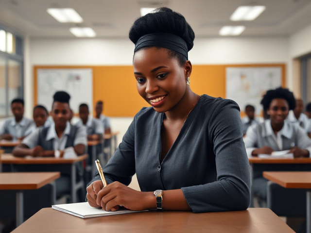 Un enseignante africaine dans une salle de classe moderne et lumineuse écrivant au tableau , avec des élèves noirs assis à leurs bureaux, souriant et attentifs