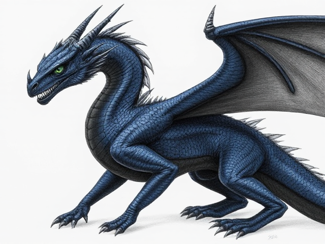 Female dragon midnight blue scales and obsidian black wings; obsidian black underbelly and clawed feet. She has small spikes that anlign from her head horns down to her back jaw. Her eyes are venom green. Narrow, beautiful face and an elegantly long neck. Has ears like a horse. Powerfully and dominantly built with taut muscles under her scales. She moves purposefully and proudly; has an expression of maturity and seriousness in her face