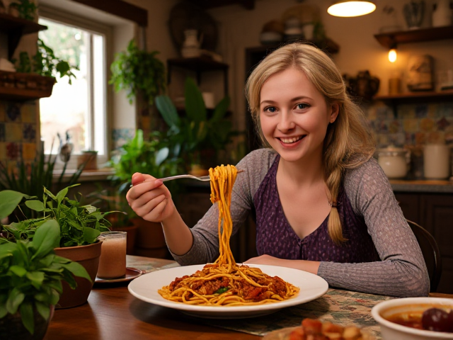 Elsa mange des spaghetti avec de la sauce bolognaise, dans une cuisine italienne chaleureuse et rustique avec des carreaux de céramique colorés, éclairée par une lumière douce et tamisée, avec un grand sourire, assise à une table en bois entourée de plantes vertes luxuriantes et d'ustensiles de cuisine traditionnels, une ambiance conviviale remplie de rires et de discussions animées
