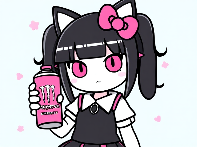 Create a picture of Kuromi the way she looks in Hello Kitty. Have her hold a pink Monster Energy
