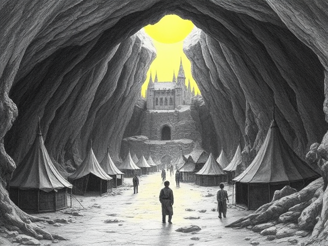 This was an underground WORLD! A world people haven't discovered yet, they have no clue these creatures exist. It was as bright of daylight as it was outside the cave, and the cave had no opening to the surface; it was completely underground. The light's source was coming from a castle that looked small in the distance, that was as yellow and blinding as the sun itself. Between her and the castle, she saw what looked like a huge, but old village. She saw a bunch of tents that were made of wood and... leather? They weren't camping tents either, they had a wall missing for each one, like the tents she saw at a farmer's market. And there were dragons. EVERYWHERE!