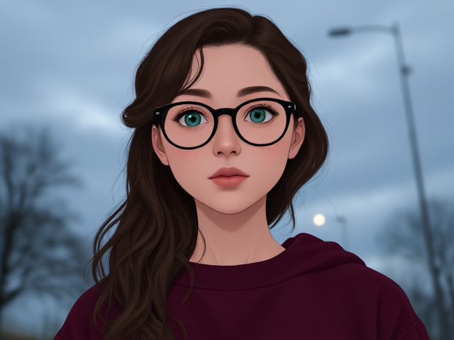 Pale petite girl, teal eyes, long curly brown hair, freckles over her nose, pouty lips. Wears glasses and a burgundy sweatshirt