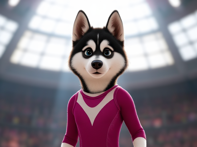 A Alaskan malamute Olympic gymnast wearing a leotard