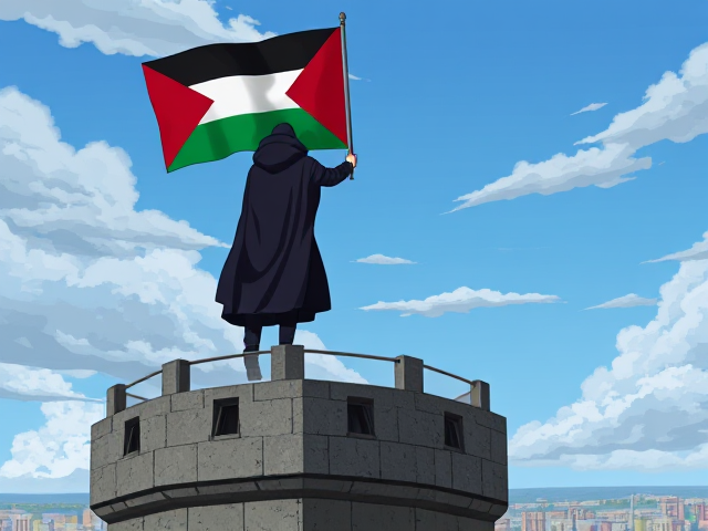 the Palestinian Flag being waved by a hooded figure on top of a tower as he watches over the people of Palestine as a guardian after they have been surviving the attacks they are under. Animated in the style of the anime Naruto