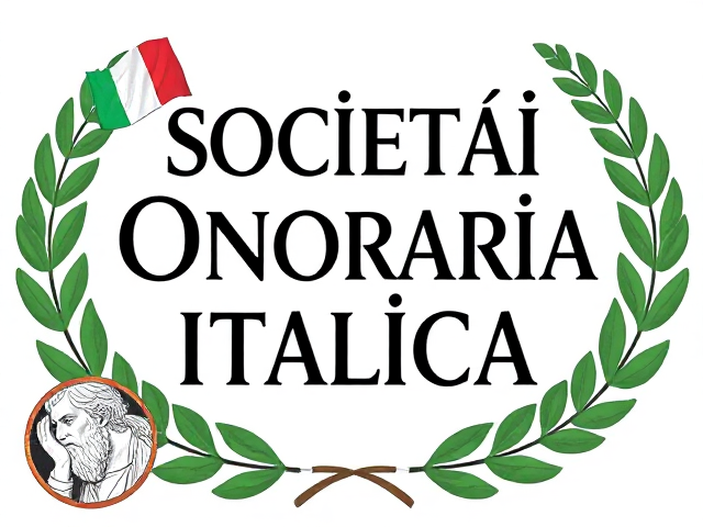 Poster with the text 'Società Onoraria Italica'. Also include Italian decorations like the flag, Dante Alighieri, and laurel leaves