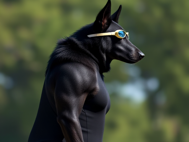 A tall and lean anthropomorphic black German shepherd with a long torso and broad shoulders wearing a high cut Nike one piece swimsuit and swimming goggles