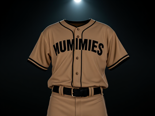 A beige baseball jersey with mummies written in black with black around the neck and cuffs of the jersey with beige baseball pants with black a black stripe down the sides with a black belt