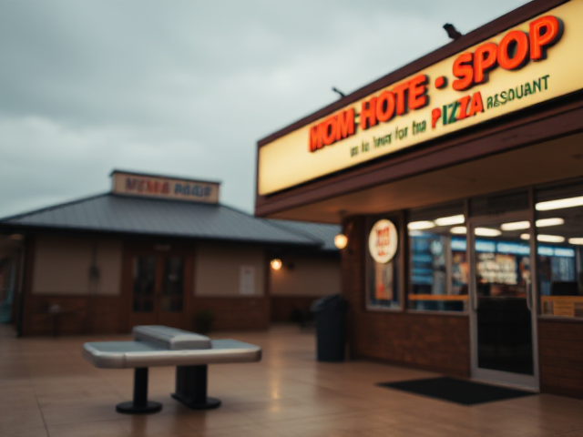 A bowling alley next to a mom and pop pizza restaurant