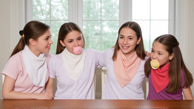 Quatres filles adolescentes assise a table avec des grandes serviette en papier autour du cou de différentes couleurs et des tétines en bouche de différentes couleurs elles ont les cheveux lisses et dégagé à l’avant elles sont en pyjamas simple et il y a une grande fenêtre derrière la table et elles se font un gros câlin