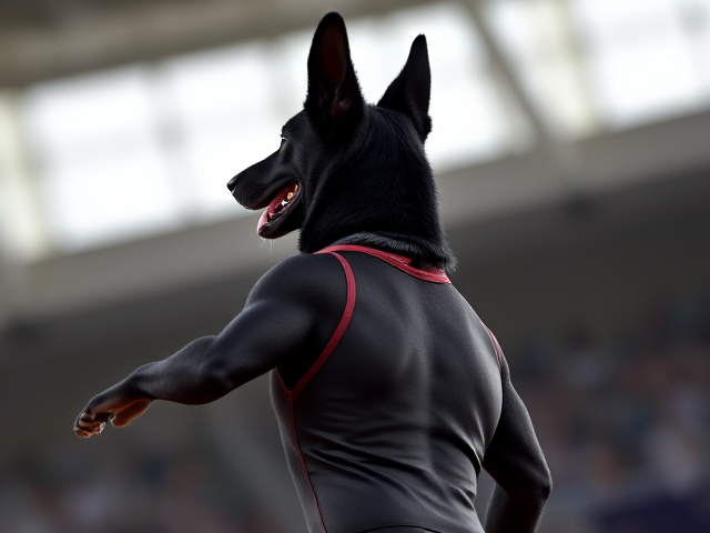 A anthropomorphic black German shepherd Olympic gymnast wearing a leotard