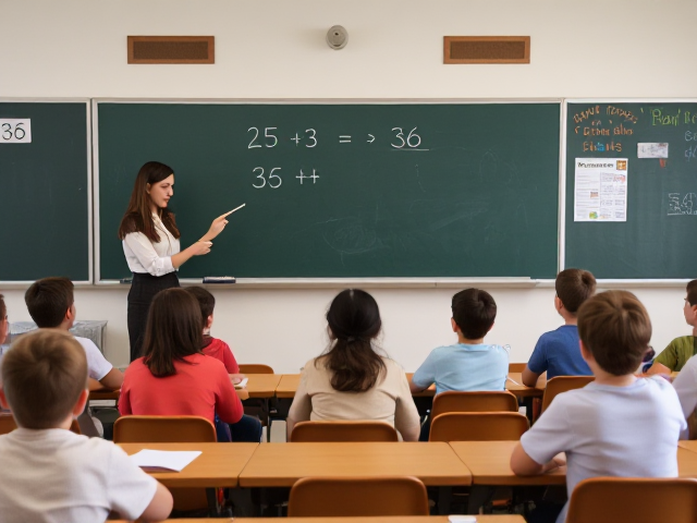 A classroom setting with a teacher explaining how to solve 25 times 36 on a blackboard, children attentively listening and taking notes