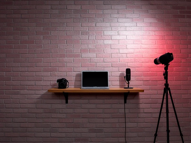 a background studio for my YouTube video with a modern brick wall. There should be a shelf on the wall, with a laptop, microphone, and camera placed on it. The studio environment should have a cinematic feel. In the background, there should be a lamp, and on the wall, there should be a red and white soft spotlight effect creating a glowing ambiance