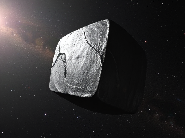 A colossal metallic block floating through the vastness of space, illuminated by distant stars and galaxies, with intricate surface details and reflections visible