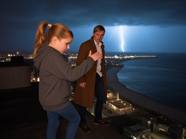 A petite 13-year-old girl with strawberry blonde hair in a ponytail, wearing a hooded pullover and jeans, is stepping onto the roof ledge of a night club.  behind her, is a modern-day, pale skinned vampire in his late twenties, with blonde hair, dressed in a brown trench coat and jeans. He appears uneasy as he looks at her. The girl gestures angrily at him, flailing her arms. A thunderstorm approaches the cityscape from the sea shore. Set at night.