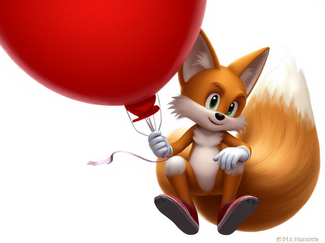 Tails the Fox holds a giant red balloon and his knees knock together SEGA