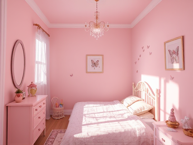 a feminine little girly bedroom barely large enough for a single bed and a small dresser. The walls were painted a pale pink, and delicate butterfly decals decorated one corner. A small chandelier hung from the ceiling, casting rainbow reflections around the room.