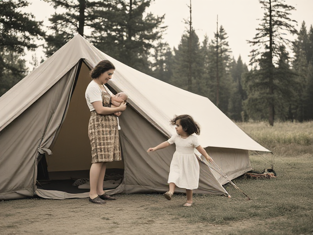 1940 tent camping and mother standing holding baby and 8 year old girl running to mother