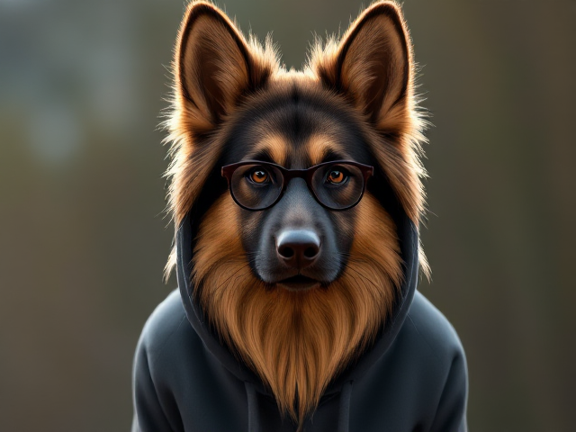 A anthropomorphic long-haired German shepherd wearing a hoodie, glasses, and leggings