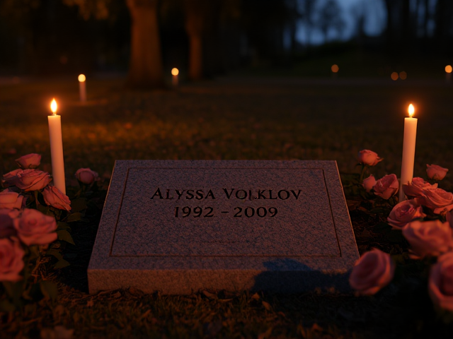A grave that has the name 'Alyssa Volklov 1993-2009' engraved on it with roses surrounding it at night