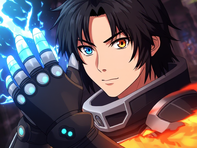 Young adult male with medium to long black hair and his left eye is blue and his right eye is red with futuristic armor and futuristic gauntlet that’s on the right shoots ice and the left shoots fire, anime