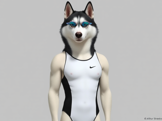 A tall and lean anthropomorphic Siberian husky with a long torso and broad shoulders wearing a high cut Nike one piece swimsuit and swimming goggles