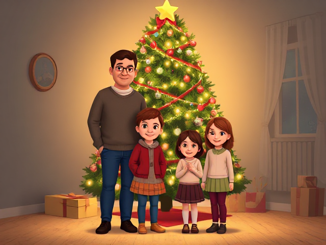 Design a Christmas Pixar
Image of a family standing in front of a Christmas tree.  Mom and dad with 4 kids ages 12,14,16,18