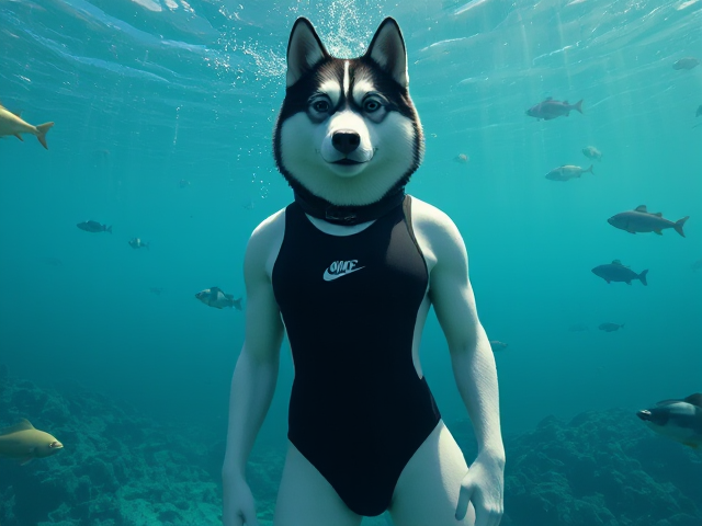 A tall anthropomorphic Siberian husky with a long torso and broad shoulders wearing a high cut Nike one piece swimsuit and Freediving goggles underwater, surrounded by sea life
