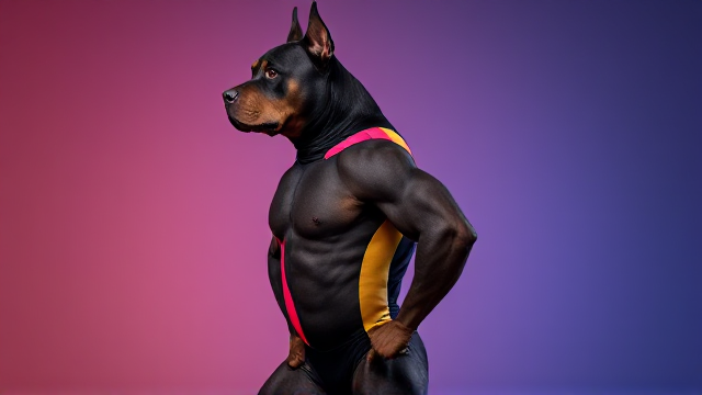 Anthropomorphic Rottweiler, muscular build, wearing a colorful gymnastics leotard, dynamic pose, well-defined muscles, vibrant background