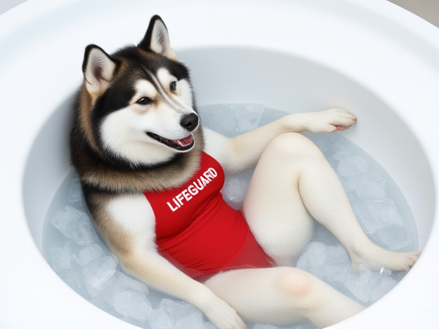 A anthropomorphic alaskan malamute wearing a red lifeguard one piece swimsuit sitting in a ice bath relaxing her sore muscles
