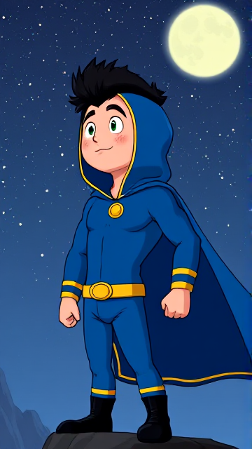 Cartoon scene: A preteen 12-year old boy with light skin and freckles on his cheeks named Kyle Lipton, but transformed into a superhero named Dr. Dimensionpants, who, despite still being a kid, has an extremely muscular body. He wears a tight blue hood outlined by a yellow line that covers the back half of his head and leaves his ears exposed, with a smooth, slicked back black mohawk on top. He also wears a sleek blue bodysuit outlined with yellow lines on the cuffs of the sleeves and pants, a golden belt with a circular buckle, black boots, and a really big, heel-length long, ultra-wide blue cape with a really big collar outlined with yellow lines wreathed around his neck held up by a golden button. The pupils in his eyes are green, and he has a black twin moustache. He also has incredible, invincible, and cosmic superpowers flowing through his veins. He is currently standing at the edge of a tall cliff, gazing up to the starry night sky, wondering what his true destiny is,