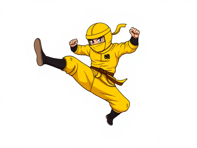 cartoonish 8 bit yellow ninja jump-kicking against a blank white background