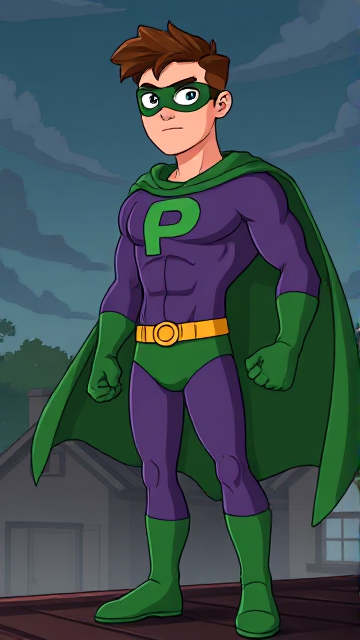 Dramatic Cartoon scene: A young, Autistic 25-year old boy with light skin and flat, smooth, and slick brown hair with a singular curled bang in the shape of a P sticking out at the front named T.J. Granger, but transformed into a genetically-altered superhero named Powerman, who, despite still being a young adult kid, has an extremely muscular body. He wears a sleek purple bodysuit with a green P symbol on his chest, a golden belt with a circular buckle, green briefs, green boots, green long-cuffed gloves, a really big, toe-length long, ultra-wide green cape wreathed around his neck, and a green eye mask that protects his true identity and also causes his pupils to magically disappear as his eyes glow an eerie white. He also has incredible and invincible superpowers flowing through his veins. In this scene, Powerman is currently standing on the roof of his house, ready for action.