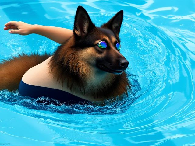 A anthropomorphic long haired German shepherd Olympic swimmer stretching her long torso, while wearing a one piece swimsuit and swimming goggles