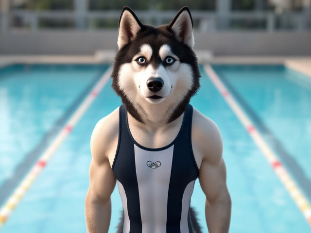 A Alaskan malamute Olympic swimmer with broad shoulders wearing a swimsuit, standing on a pool deck