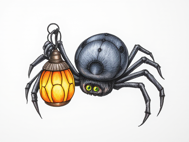 un dessin d'une araigné mignonne qui tient une jolie lanterne