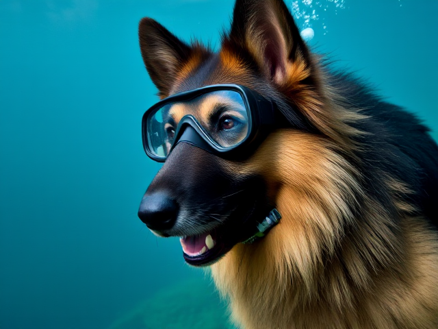 A anthropomorphic long haired German shepherd Freediving wearing goggles