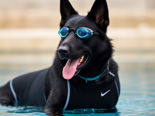 Anthropomorphic black German shepherd wearing a Nike swimsuit and swimming goggles