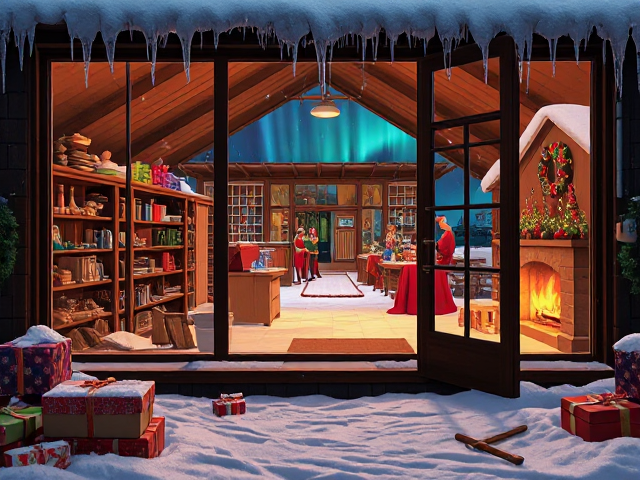 This idea features a cozy perspective looking into the workshop through large windows.

Workshop Details:
The windows of Santa’s workshop take center stage, glowing with warmth against the snowy backdrop. Inside, shelves of toys, ribbons, and wrapping paper are visible. Elves are seen moving around in the background, with a glowing fireplace adding depth and warmth. The open door of the workshop reveals a conveyor belt carrying gifts to a sleigh in the distance.

Outside the Workshop:
Snow covers the ground outside the window. A stack of presents and a few scattered tools are visible in the foreground, adding details of activity. Icicles hang from the roofline of the workshop, and the northern lights glimmer faintly in the sky.

Space for Characters:
The scene leaves a large empty area right outside the workshop windows and door, perfect for Santa and the family to stand in.