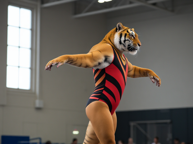 Tiger performing gymnastics in a vibrant, striped leotard, inside a well-lit gymnasium, focusing on dynamic movement and grace
