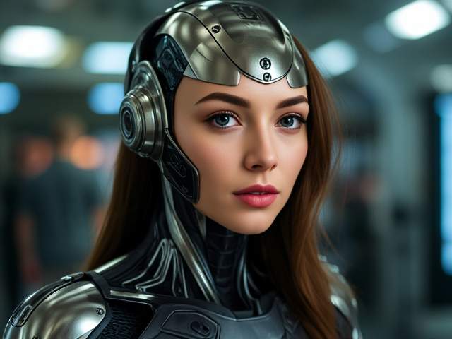 Sarah Sutton as a futuristic fembot, sleek metallic design, realistic human features, intricate circuit patterns, advanced technology setting
